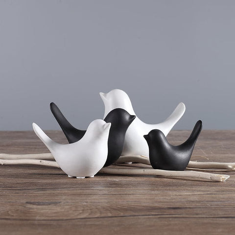 Black and White Ceramic Birds Home Interior Figurines - 4pcs - Belly Pots