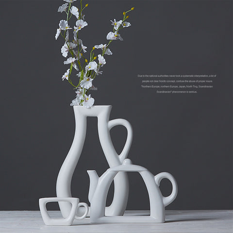 Fashion Modern Tea Cup Style White Ceramic Tabletop Vase - Belly Pots