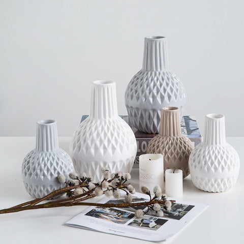 Modern Minimalist White Striated Ceramic Vase - Belly Pots