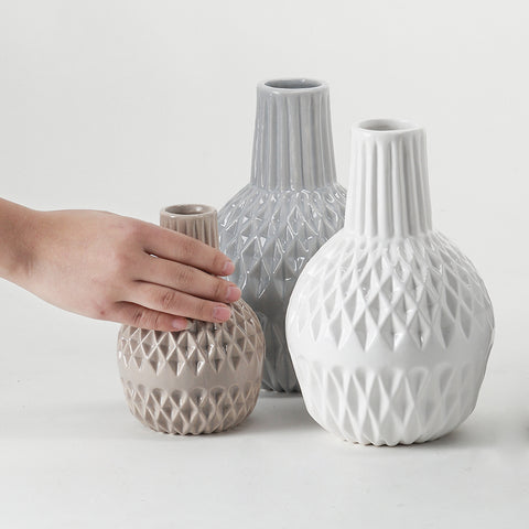 Modern Minimalist White Striated Ceramic Vase - Belly Pots