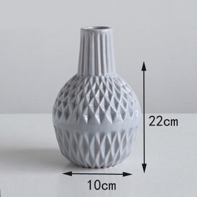Modern Minimalist White Striated Ceramic Vase - Belly Pots