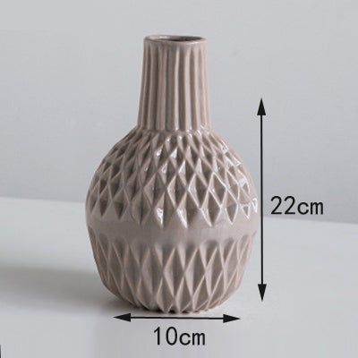Modern Minimalist White Striated Ceramic Vase - Belly Pots