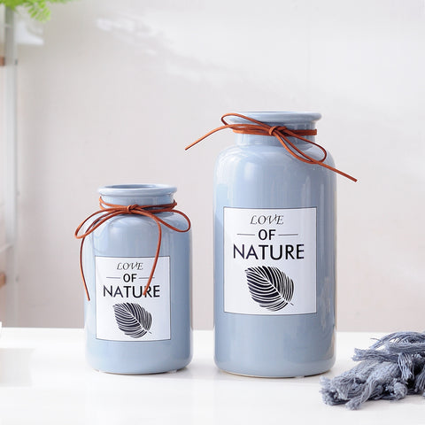 Love of Nature Pink Blue Ceramic Vase with Rope Leaf Design - 1pc - Belly Pots
