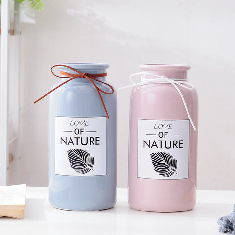 Love of Nature Pink Blue Ceramic Vase with Rope Leaf Design - 1pc - Belly Pots
