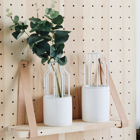 Minimalist White Ceramic Vase with Iron Shelf - 3pcs - Belly Pots