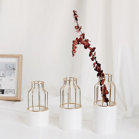 Minimalist White Ceramic Vase with Iron Shelf - 3pcs - Belly Pots