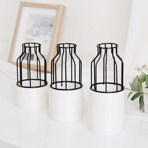 Minimalist White Ceramic Vase with Iron Shelf - 3pcs - Belly Pots