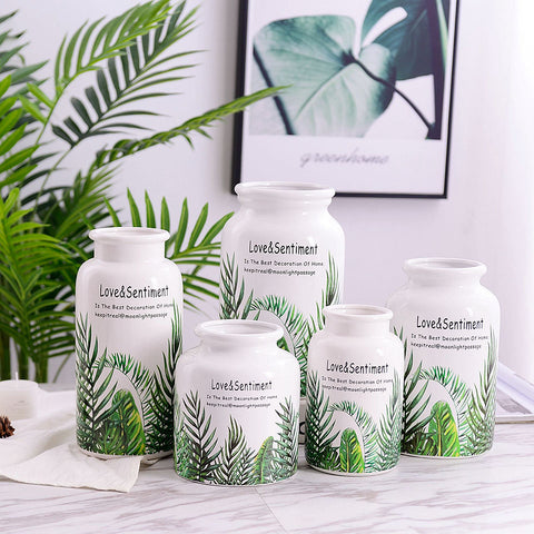 Natural Green Leaf Design Ceramic Flower Vase - 1pc - Belly Pots