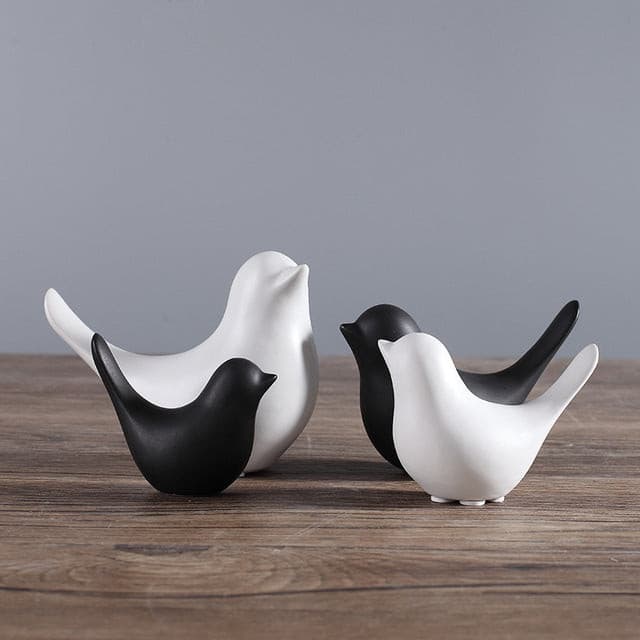 Black and White Ceramic Birds Home Interior Figurines - 4pcs - Belly Pots