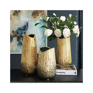 Nordic Luxury Ceramic Handmade Craft Ornaments Gold Vase Oval Ceramic Decoration Flower Vase