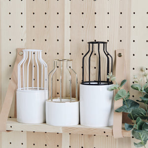 Minimalist White Ceramic Vase with Iron Shelf - 3pcs - Belly Pots