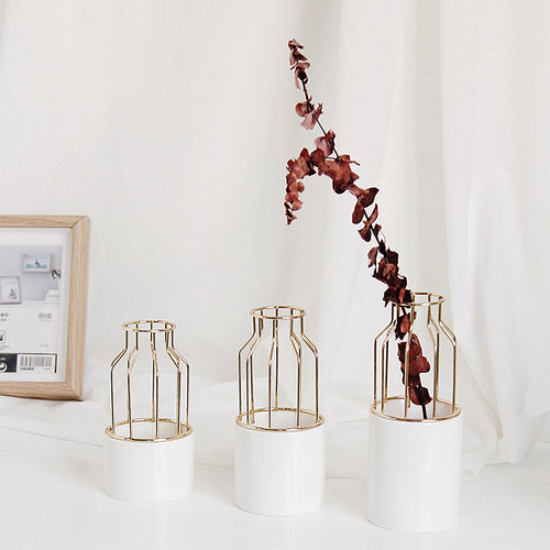 Minimalist White Ceramic Vase with Iron Shelf - 3pcs - Belly Pots