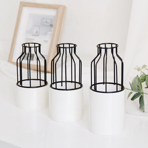 Minimalist White Ceramic Vase with Iron Shelf - 3pcs - Belly Pots