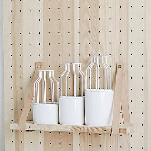 Minimalist White Ceramic Vase with Iron Shelf - 3pcs - Belly Pots
