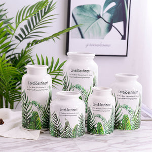 Natural Green Leaf Design Ceramic Flower Vase - 1pc - Belly Pots